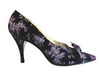 Vintage 1950s Black Purple Silk Brocade Pumps Sz 6.5 Narrow Femme Madrid
