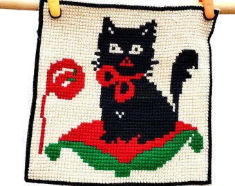 Needlepoint Black Cat Pillow Canvas Completed Square Gobelin L 01.44