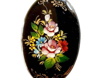 Hand Painted Lacquer Wood Brooch Pin Russian Lacquerware