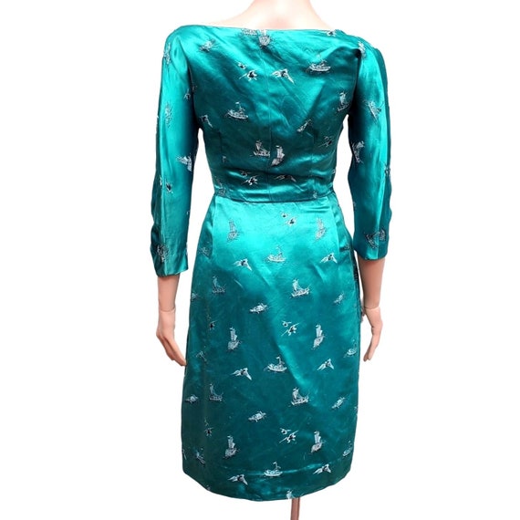 Vintage 50s Wiggle Dress XS Pin Up Silk Turquoise… - image 3