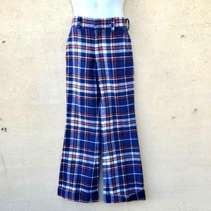 Vintage jaren 60 mod broek dames 4 blauw rood witte geruite uitlopende manchetten NWOT 29&quot; taille