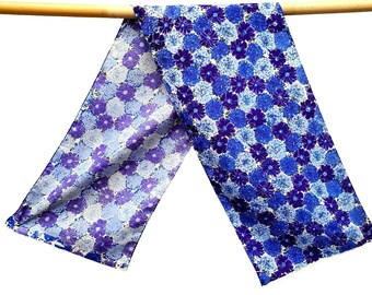 Vintage Floral Silk Scarf Rectangle Blue Purple Flowers