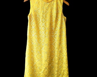Vintage Mini Dress Yellow Sleeveless Metallic Lace Medium