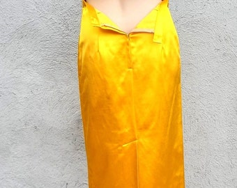 Honeycomb Yellow Satin Wiggle Skirt Vintage 50s Pencil Women's XS Metal Zipper
