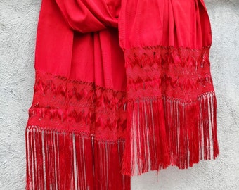 Mexican Rebozo Frida Kahlo Red Shawl Scarf Vintage Hand Woven Long Fringe Mexico