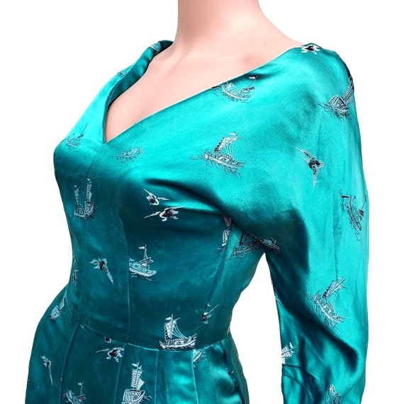 Vintage 50s Wiggle Dress XS Pin Up Silk Turquoise… - image 4