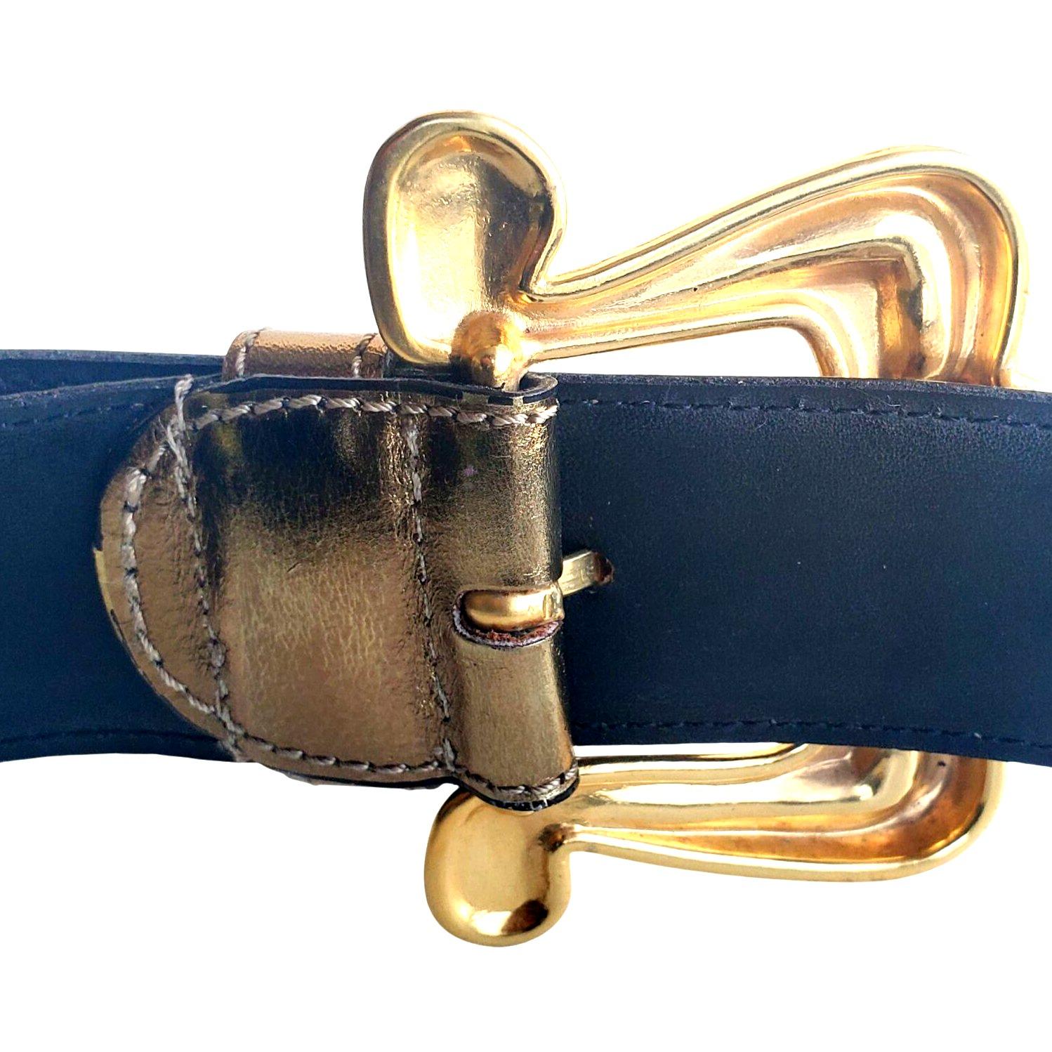 Vintage 80s Belt Womens Medium 34 Metallic Leather Brass Buckle Avignon Spain Vintage Avignon New York Paris Leather 80s Belt, Italian  main image 3