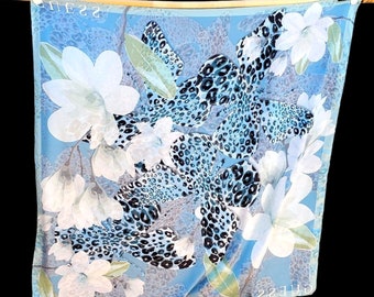 Guess Silk Scarf Square Blue Floral Magnolia Abstract Print 50 In Made in Italy