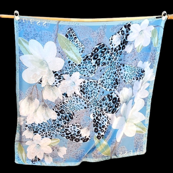 Guess Silk Scarf Square Blue Floral Magnolia Abst… - image 1