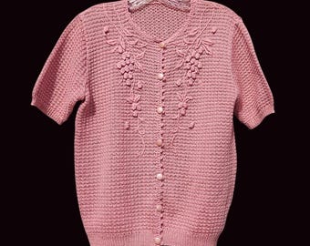 Vintage 70er Jahre Japanische Pastell Rosa Spitze Strickblumen Cardigan Top M Sakura Blumen