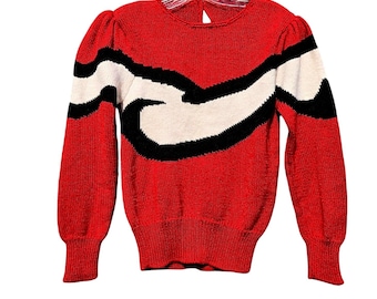 Jersey de punto con hombros abullonados, estilo vintage de los 80, en rojo, negro y marfil. Talla S.