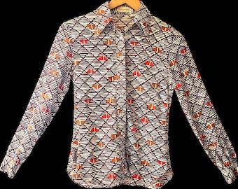 Jones New York 70s Button Up Shirt Blouse XS 2 Brown Abstract Fall Autumn