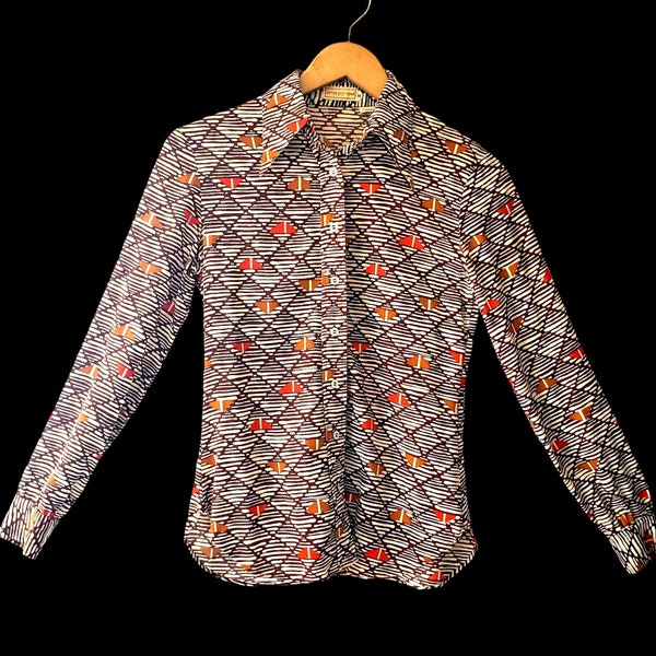 Jones New York 70s Button Up Shirt Blouse XS 2 Brown Abstract Fall Autumn