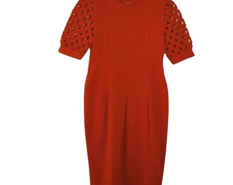 Vintage Red Dress 80s M 8 Windowpane Sleeves VFG