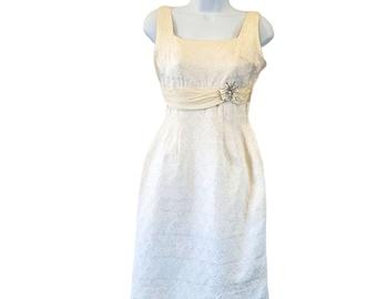 Ivory Brocade Dress Vintage Wedding Formal Prom 50s White Rhinestone XS 2 VFG