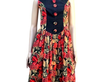 50s Dress Red Black Floral Cotton Dirndl Sleeveless Metal Zipper Pockets Small