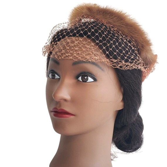 Pillbox Hat 1940s 50s Crochet Net Mink Fur Brown Satin Bow  display picture 3