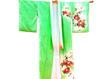 Japanese Kimono Green Silk Brocade Chrysanthemums Pheasant Hand Stitched