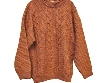 Stefanel Italy Vintage 80s Wool Alpaca Cable Knit Ochre Pullover Sweater XL