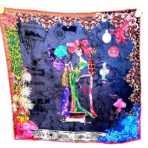 Vintage Christian Lacroix bufanda de seda 80s Asia NWOT Serie Cartes de Voyages