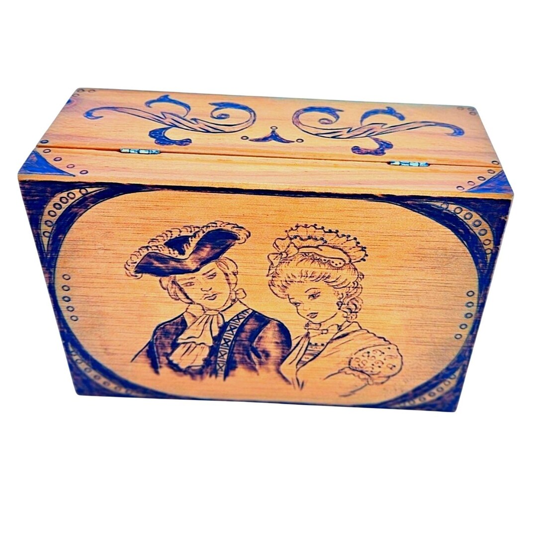 Pyrography Colonial Vintage Pyrography Burned Wood Art Box Colonial Man Woman Signed Hinged ...