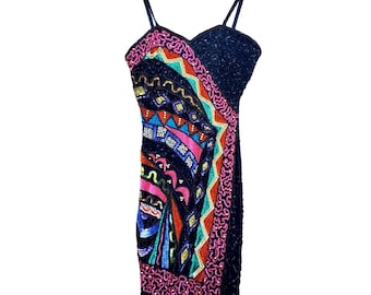 Vintage Beaded Dress 80s XS Together Silk Black Colorful
