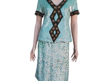 60s Sequin Beaded Rhinestone Skirt Set M NWT Turquoise Green Hong Kong DOS