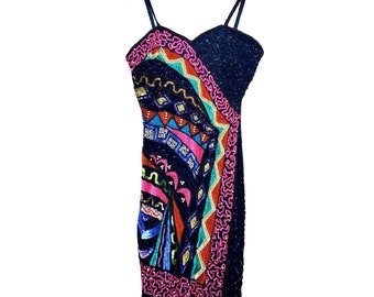 Together 80s Beaded Silk Cocktail Dress XS Black Colorful Disco Bodycon