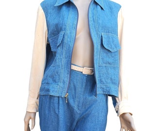 70s Pantsuit Platinum Dorothy Schoelen Light Denim Distressed Made in USA 2 XS