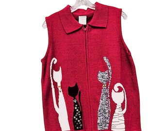 Allison Daley Vintage 90s Red Cat Knit Sweater Vest Zip M/L