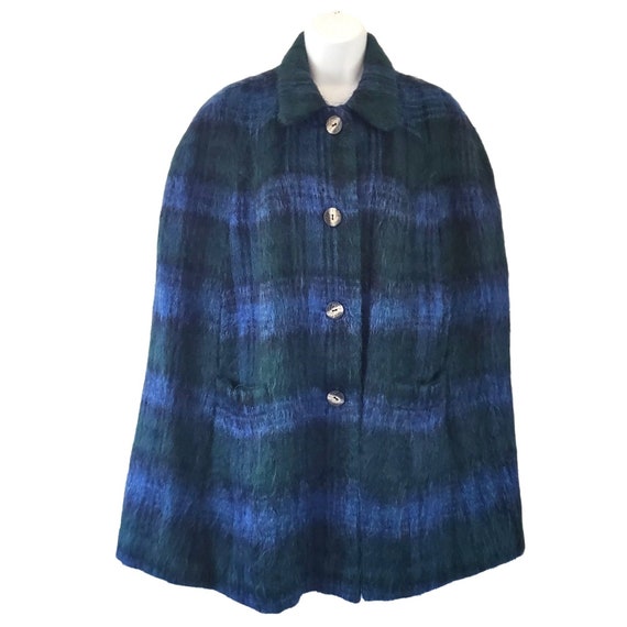 70s Plaid Cape Mohair Wool Scotland Tartan Blue Green… Gem