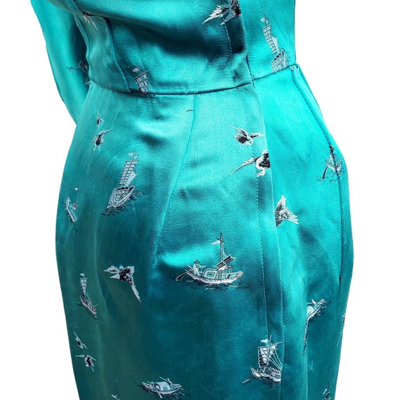 Vintage 50s Wiggle Dress XS Pin Up Silk Turquoise… - image 5