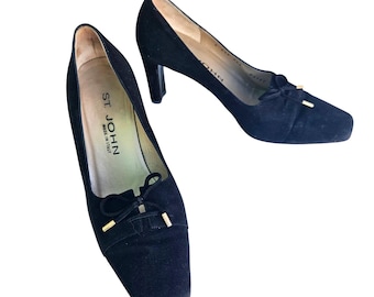 St. John Schwarz Wildleder Schleife Pumps Vintage 80er 90er Made in Italy 6.5 Schmal
