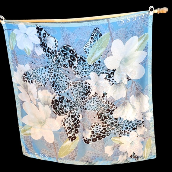 Guess Silk Scarf Square Blue Floral Magnolia Abst… - image 2