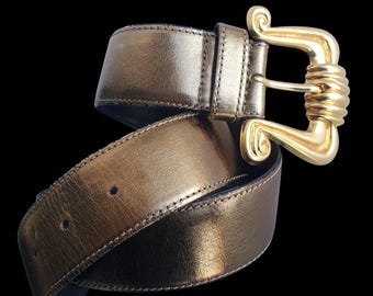Vintage 80s Belt Womens Medium 34 Metallic Leather Brass 