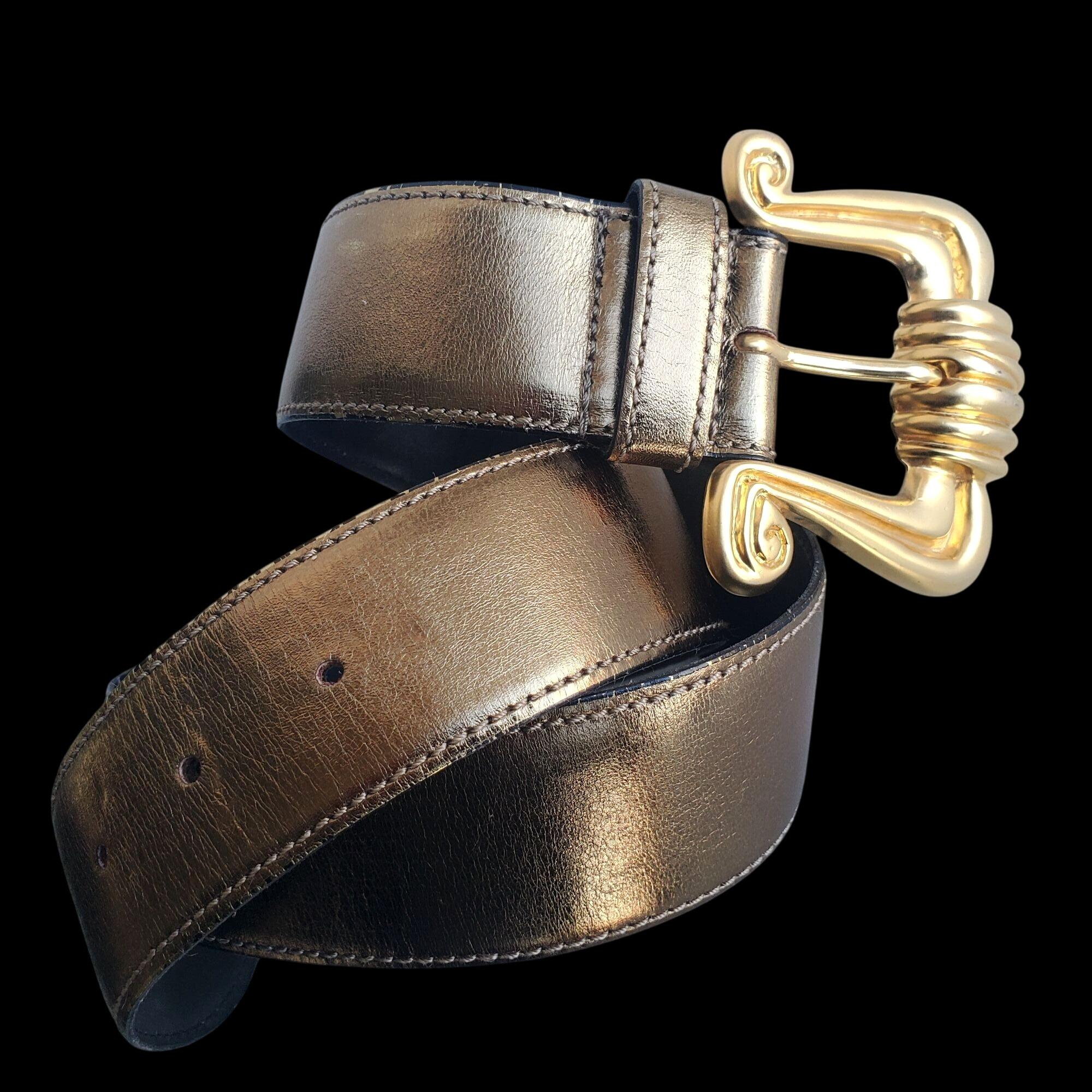 Vintage 1980s Avignon Metallic Desert Sage Belt Vintage 80s Belt Womens Medium 34 Metallic Leather Brass  main image 4