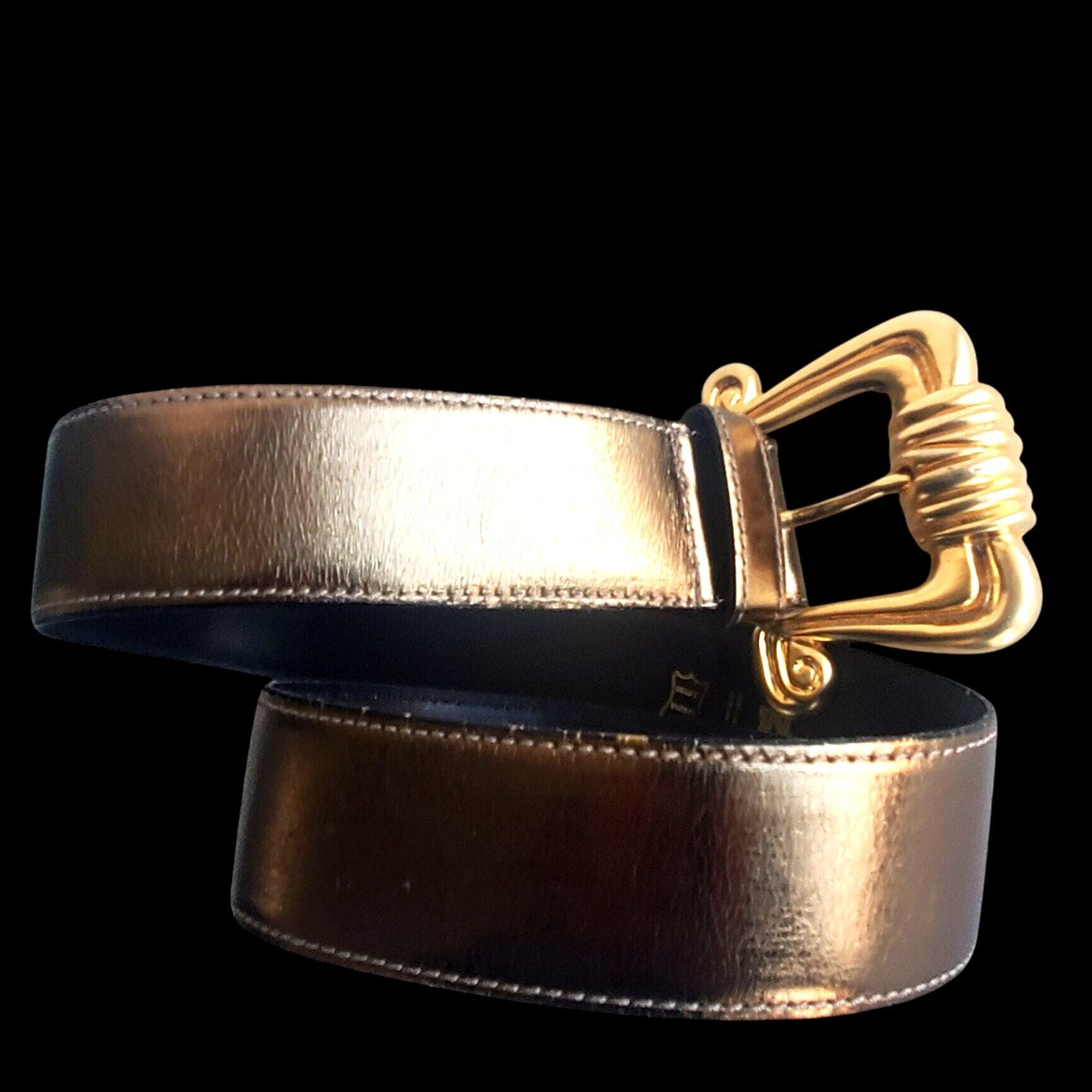 Vintage 80s Belt Womens Medium 34 Metallic Leather Brass Buckle Avignon Spain Vintage Avignon New York Paris Leather 80s Belt, Italian  main image 4