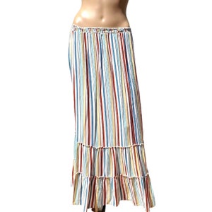 Maxi Skirt Striped White Blue Tiers Elastic Waist Summer Swingy Stripes