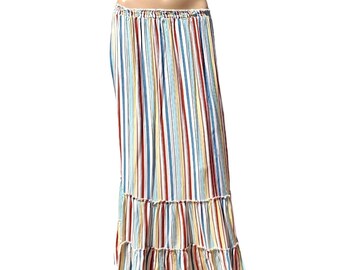 Maxi Skirt Striped White Blue Tiers Elastic Waist Summer Swingy Stripes