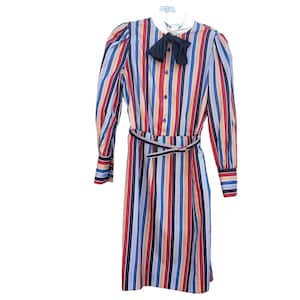 Vintage Shirtdress Shirtwaist Dress Stripe Long Sleeve S 70s Modest Polyester
