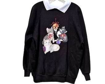 Sudadera navideña vintage de los 90 con estampado de gato, color negro, talla 1X, marca Gopher Sport.