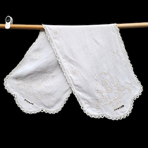 White Linen Embroidered Runner Distressed Vintage Cottage Farmcore 46 x 15