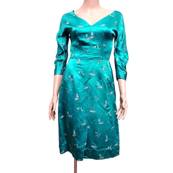 Vintage 50s Wiggle Dress XS Pin Up Silk Turquoise… - image 1