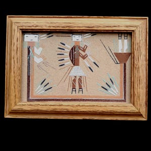 Navajo Sand Art &quot;Rainbow Yei&quot; By Lester Johnson In Oak Frame 7.5&quot;