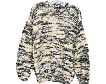 Jersey de lana grueso tejido a mano, estilo vintage de los años 80, color gris marfil, talla XL para hombre.