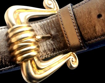 Vintage 80s Belt Womens Medium 34 Metallic Leather Brass Buckle Avignon Spain Vintage 80s Belt Womens Medium 34 Metallic Leather Brass  main image 2