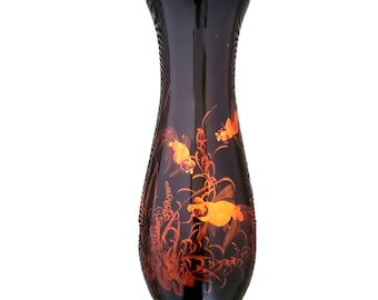 Tall Vase Black Lacquerware Luster Koi Goldfish Hand Painted Vintage Asian Decor