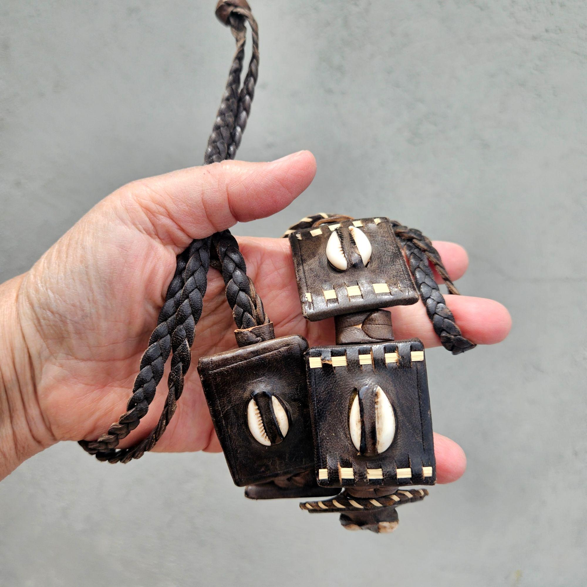 VINTAGE UNISEX BOHO LEATHER BELT STUDDED WITH COWRIE SHELLS & BEADS L NEVER WORN VirtusNoir Boho Big Belts PU Leather Oval Studded Concho  main image 4
