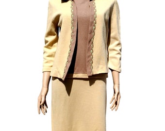 60s Beige Taupe 3 Piece Skirt Suit 6 8 Wool Doubleknit ILGWU Union Label ISSUES