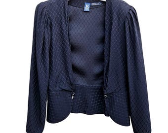 Emanuel Ungaro Parelle Paris svart sidenjacquardpeplumkavaj med stora axlar från 1980-talet, liten